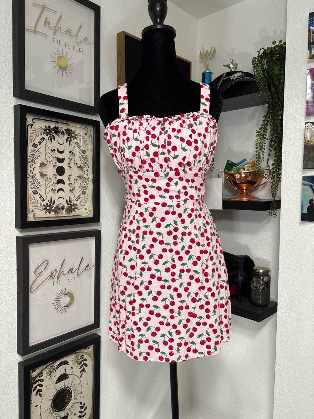 Trixxi Pink Cherry Print Mini Dress Smocked Waist Ruched Bust Sun Large L